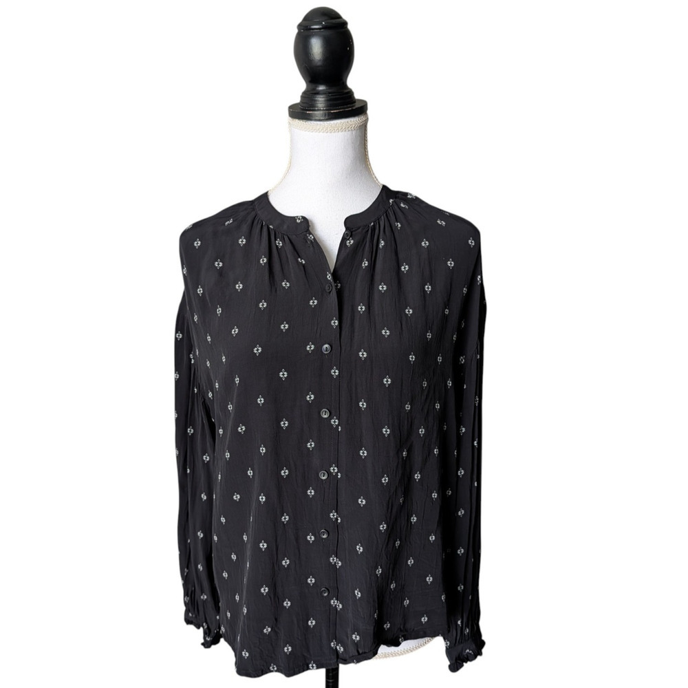 Something Midnight Black Ikat Geometric Button Up Blouse Size XS Viscose